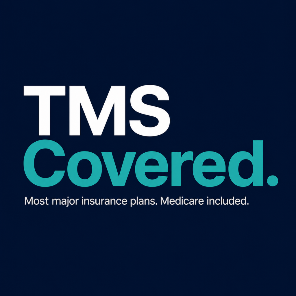 Typographic graphic reading TMS Covered — most major insurance plans and Medicare accepted at NeuPath Mind Wellness