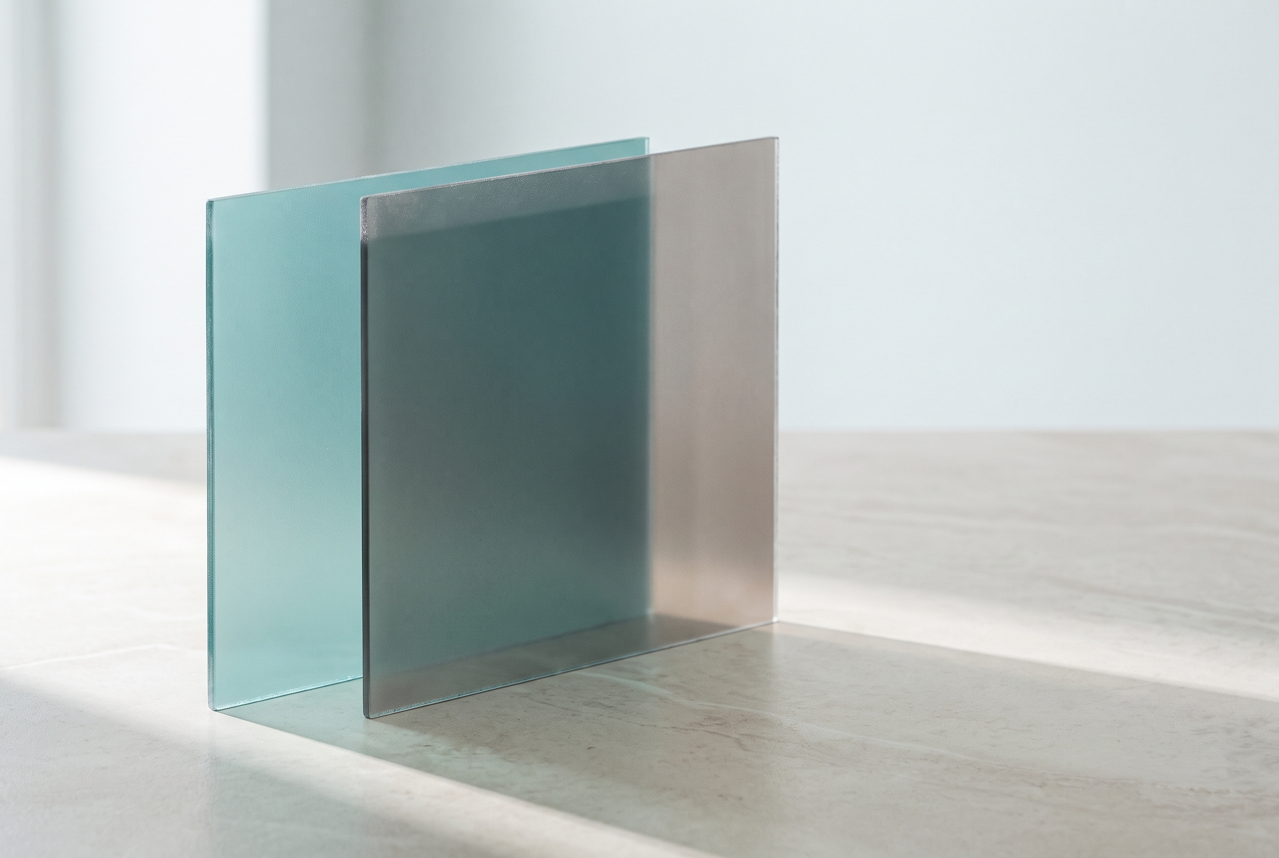 Two overlapping panes of frosted glass, one teal and one gray, representing how PTSD and depression often occur together